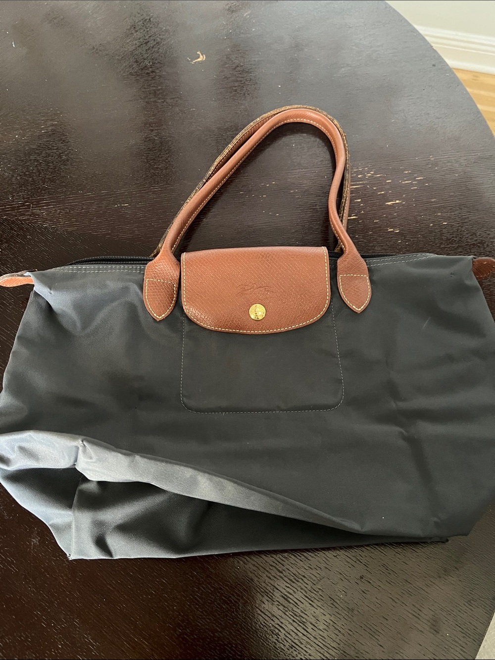 Longchamp Black Nylon Tote with Brown Leather Trim